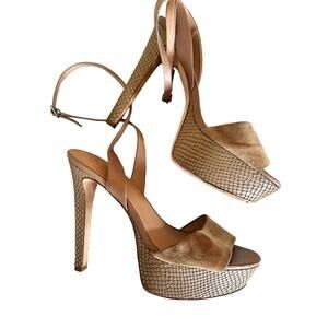 Halston Heritage Bobbie Tan Brown Suede Snakeskin Platform Heel Sandals